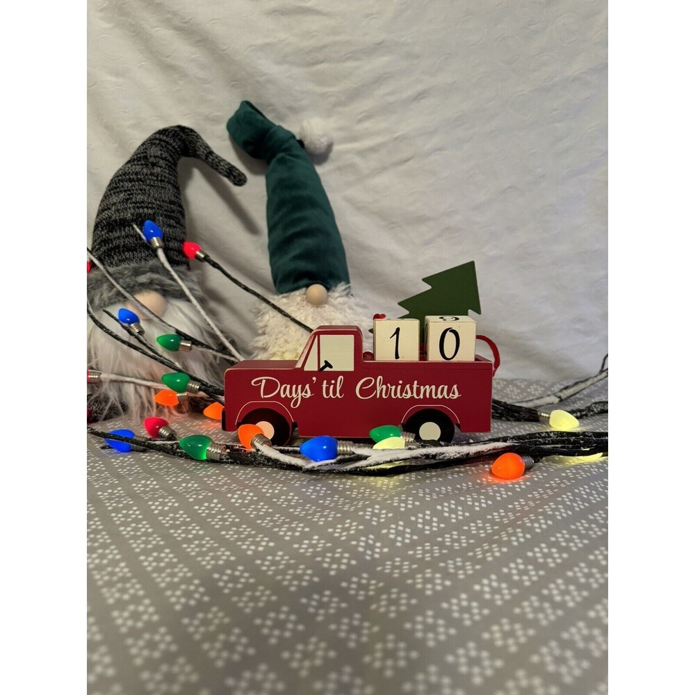 Wooden Days till Christmas Red Truck Advent Calendar Number Cubes Metal Tree